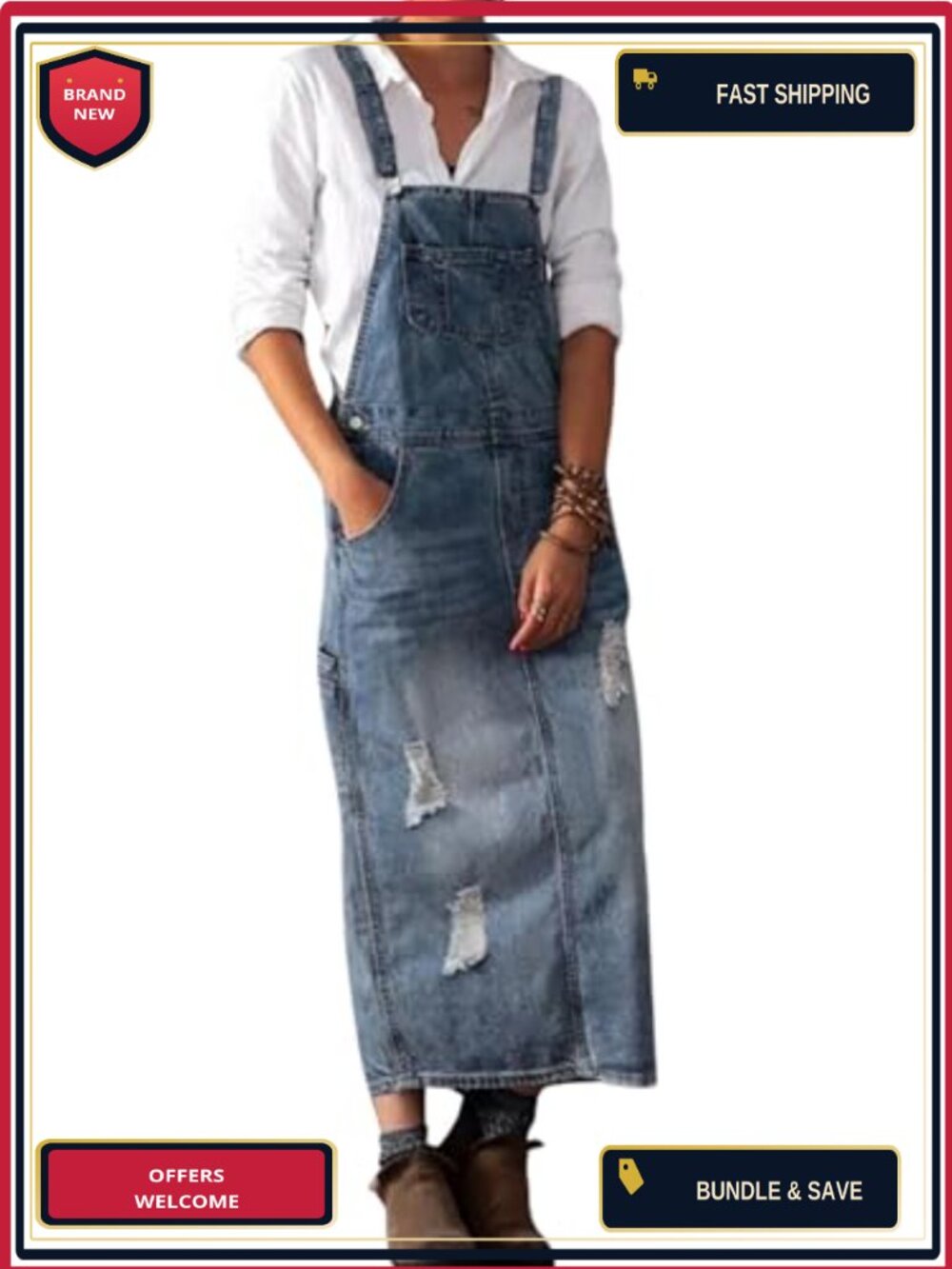 Women's Distressed Denim Overall Dress Bib Jumper Ripped Adjustable Straps